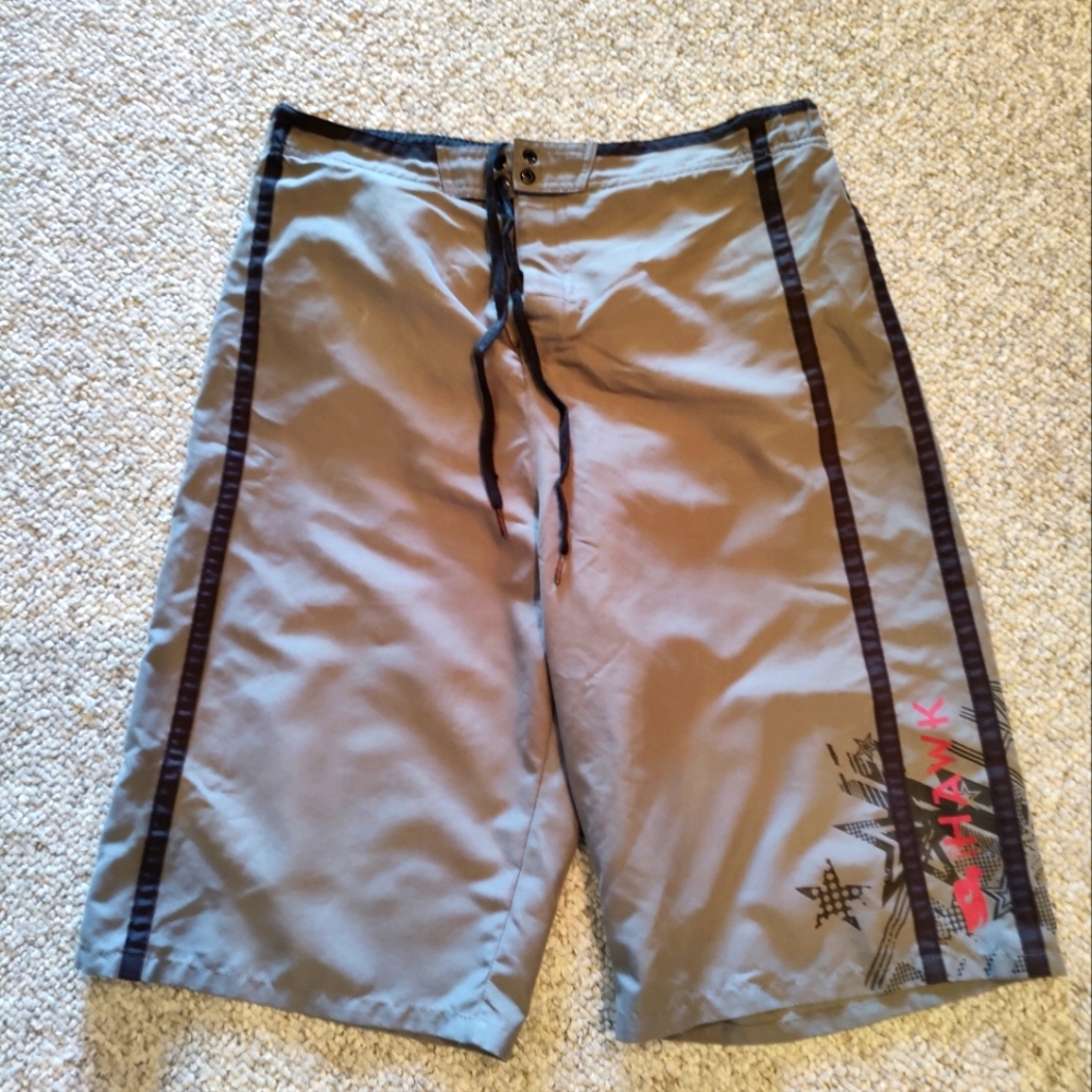Hawk Gray Board Shorts with Black and Red Accents. Size 18/20 Or Boys XL.